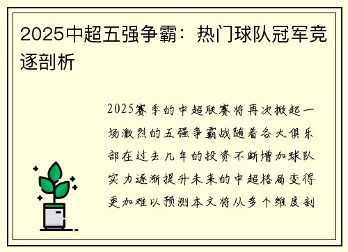 2025中超五强争霸：热门球队冠军竞逐剖析